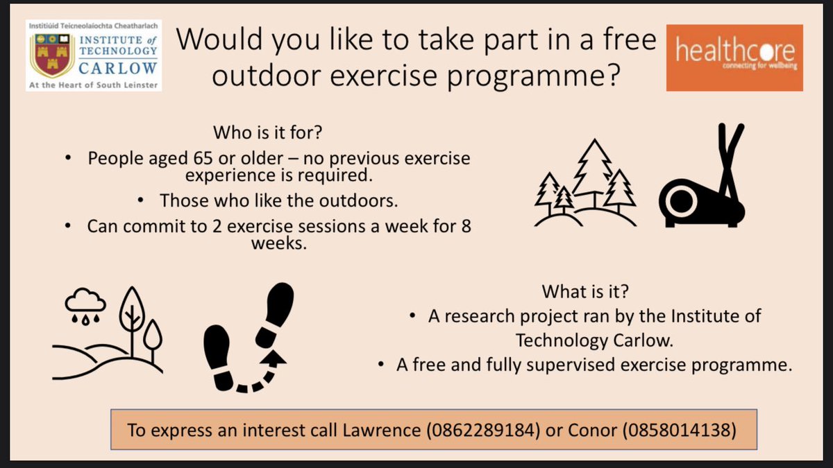 A free outdoor exercise programme taking place for people aged 65 or older in Carlow town. 

Get in contact if you might know anybody that would be interested :)