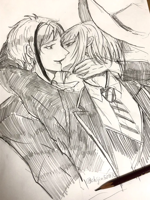 #twst_BL 
⚠️アナログ、落書き
ルクフロでkiss

?「ウミネコくん、ちゅーしよ♡」
?「なんて可愛らしいお誘いなんだ!!」

モブ「センセ〜!!廊下で馬鹿ップルがキスしてます!!!!!」 