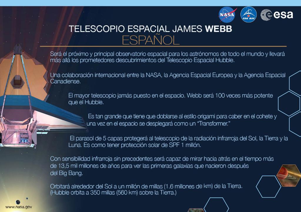 Facts about the James Webb Space Telescope in Spanish. Full text available here: https://go.nasa.gov/3iMFXl9