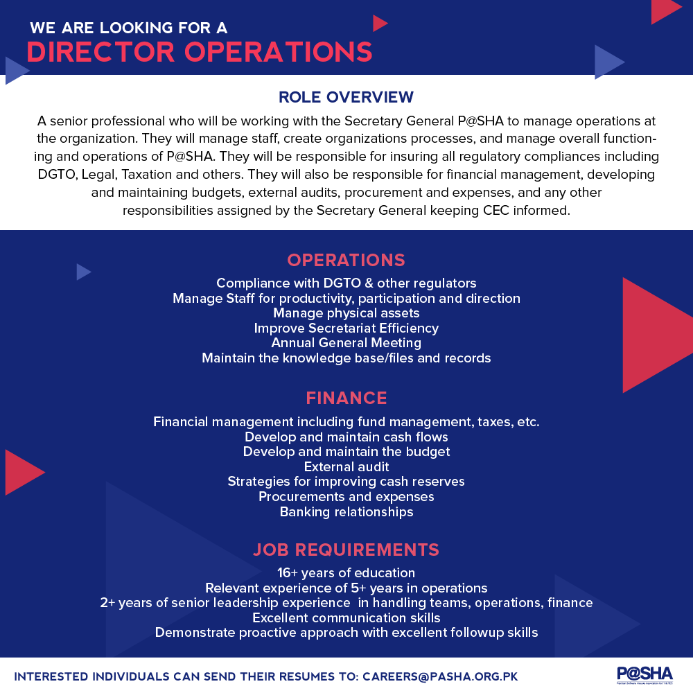PASHAORG's tweet photo. P@SHA is looking for a Director Operations!
Interested individuals can send their resumes to careers@pasha.org.pk
#Pasha #DirectorOperations #Hiring https://t.co/Bk8b8BTZQc