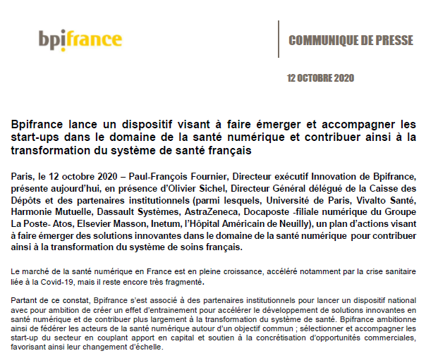 BpifrancePresse's tweet image. #Sante : @Bpifrance lance, avec ses partenaires institutionnels, un dispositif visant à faire émerger des solutions innovantes dans le domaine de la santé numérique 
👉bit.ly/3lCHADF