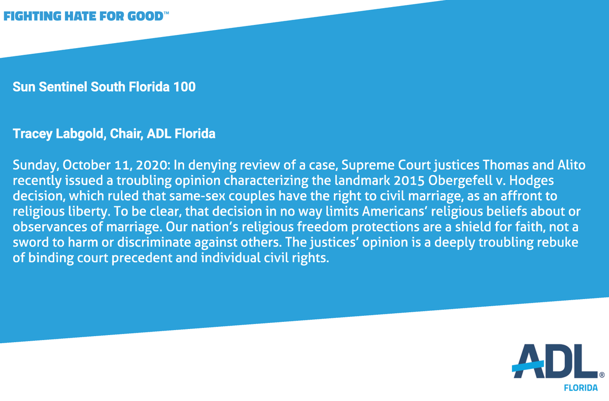 "Our nation’s religious freedom protections are a shield for faith, not a sword to harm or discriminate against others." Read ADL Florida Regional Board Chair @tracey_grossman's submission to this week's <a href="/SunSentinel/">South Florida Sun Sentinel</a> #SF100:  

#religiousfreedom #SCOTUS 
sun-sentinel.com/opinion/south-…