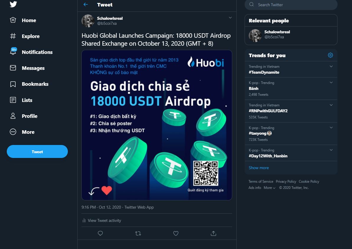 Huobi Global Launches Campaign: 18000 USDT Airdrop Shared Exchange on October 13, 2020 (GMT + 8)