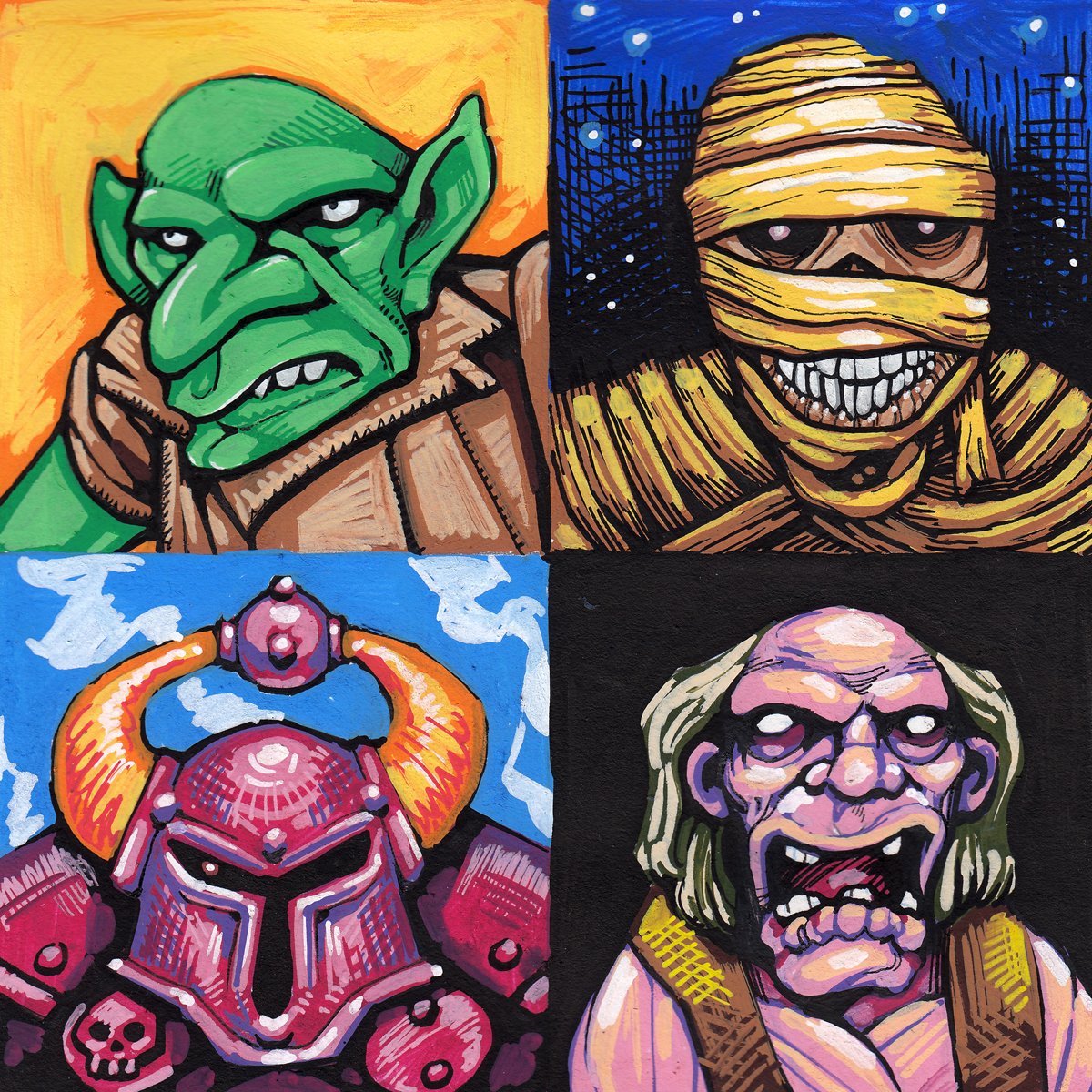 Four small portraits of monsters from the board game, Hero Quest: a goblin, a mummy, a chaos warrior and a zombie.