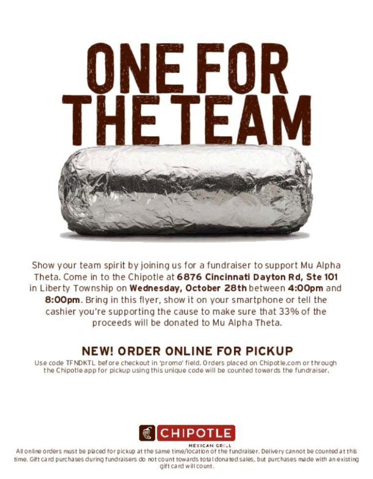 lehsmu's tweet photo. Mark your calendars! We will be having a chipotle fundraiser on October 28th from 4-8pm. Be sure to show this flyer at the counter for 33% of the proceeds to be donated to Mu Alpha Theta! @EAST_HAWKS https://t.co/brnd1Dlswm
