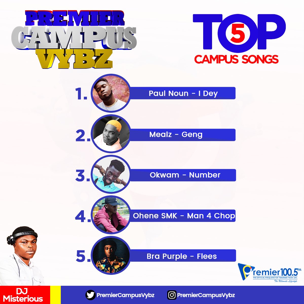 campusvybz's tweet photo. Top 5 Campus Songs 🔥⚡️
#PremierCampusVybz #Premier1005fm
@Nounpaul @iamMealz @Okwam8 @OheneRap @bra_purple 

🔥🔥🔥🔥🔥🔥🔥🔥🔥🔥🔥🔥 https://t.co/tp8KAj5Hjz