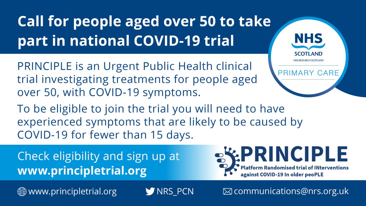 Participants are being sought in Scotland to take part in the UK-wide PRINCIPLE trial, investigating pre-existing treatments for older patients (aged over 50) in the community who show signs of #COVID19. Read more: bit.ly/33Rc1QI.