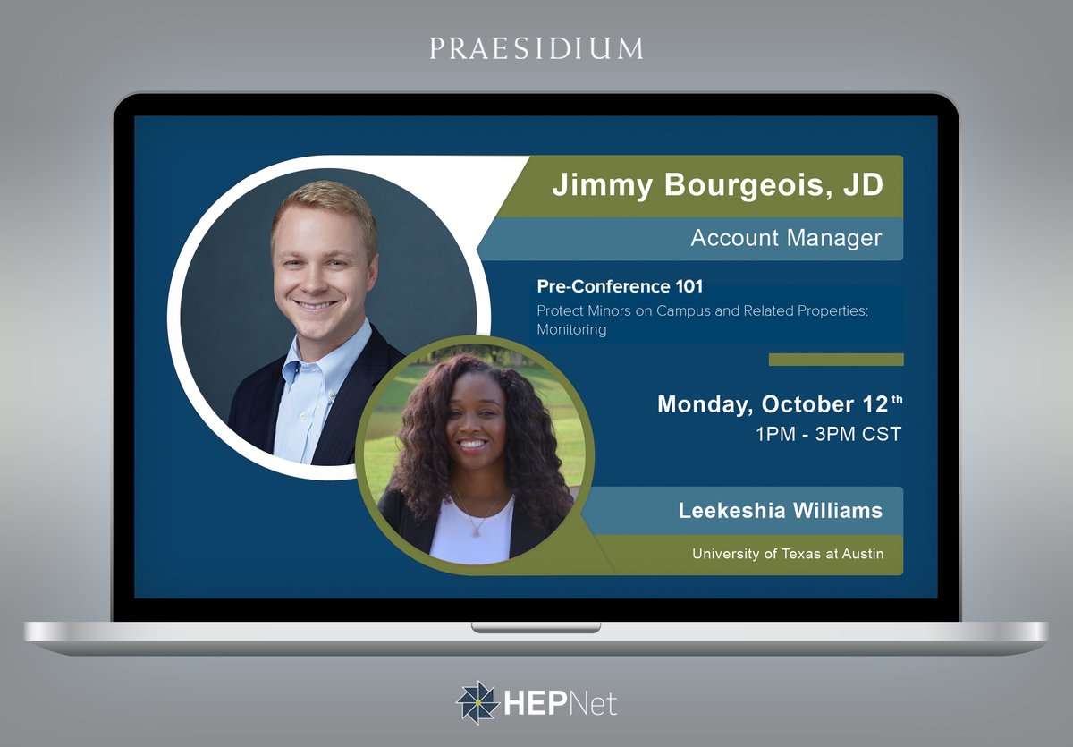 PraesidiumInc's tweet image. The #HEPNet 2020 Virtual Conference starts today! Join Praesidium Account Manager Jimmy Bourgeois, JD and LeeKeshia Williams, Youth Protection Program Director with University of Texas at Austin, for their pre-conference session takes place today at 1:00 pm EST!