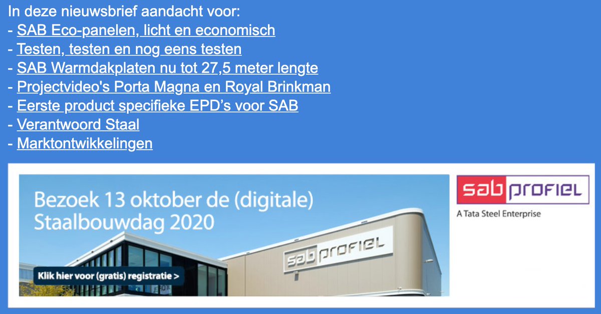sabprofiel's tweet photo. De SAB-nieuwsbrief is weer uitgekomen, net voor de Staalbouwdag morgen. Met veel nieuws over dakproducten, duurzaamheid en met maar liefst drie projectvideo's. https://t.co/qWHsrYUpLb
#sandwichpanelen #warmdakplaten #EPD #gevelbekleding #dakpanelen #brandtest https://t.co/fA14OXmaES