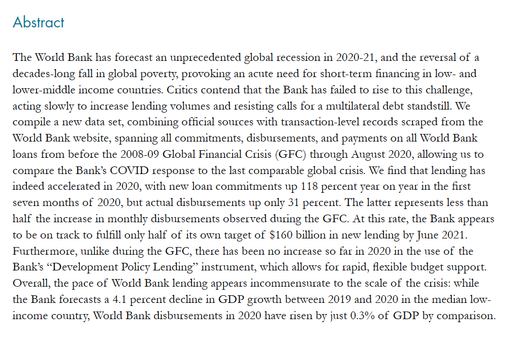 NEW for WB/IMF annual meetingsIs the World Bank’s COVID Response Big Enough, Fast Enough? We scraped >1/2 million transactions from the Bank's website to judge.Blog:  https://www.cgdev.org/blog/new-data-show-world-banks-covid-response-is-too-small-too-slowPaper:  https://www.cgdev.org/publication/world-banks-covid-crisis-lending-big-enough-fast-enough-new-evidence-loan-disbursementswith  @duggan_julian @Morris_ScottA & G Yang1/