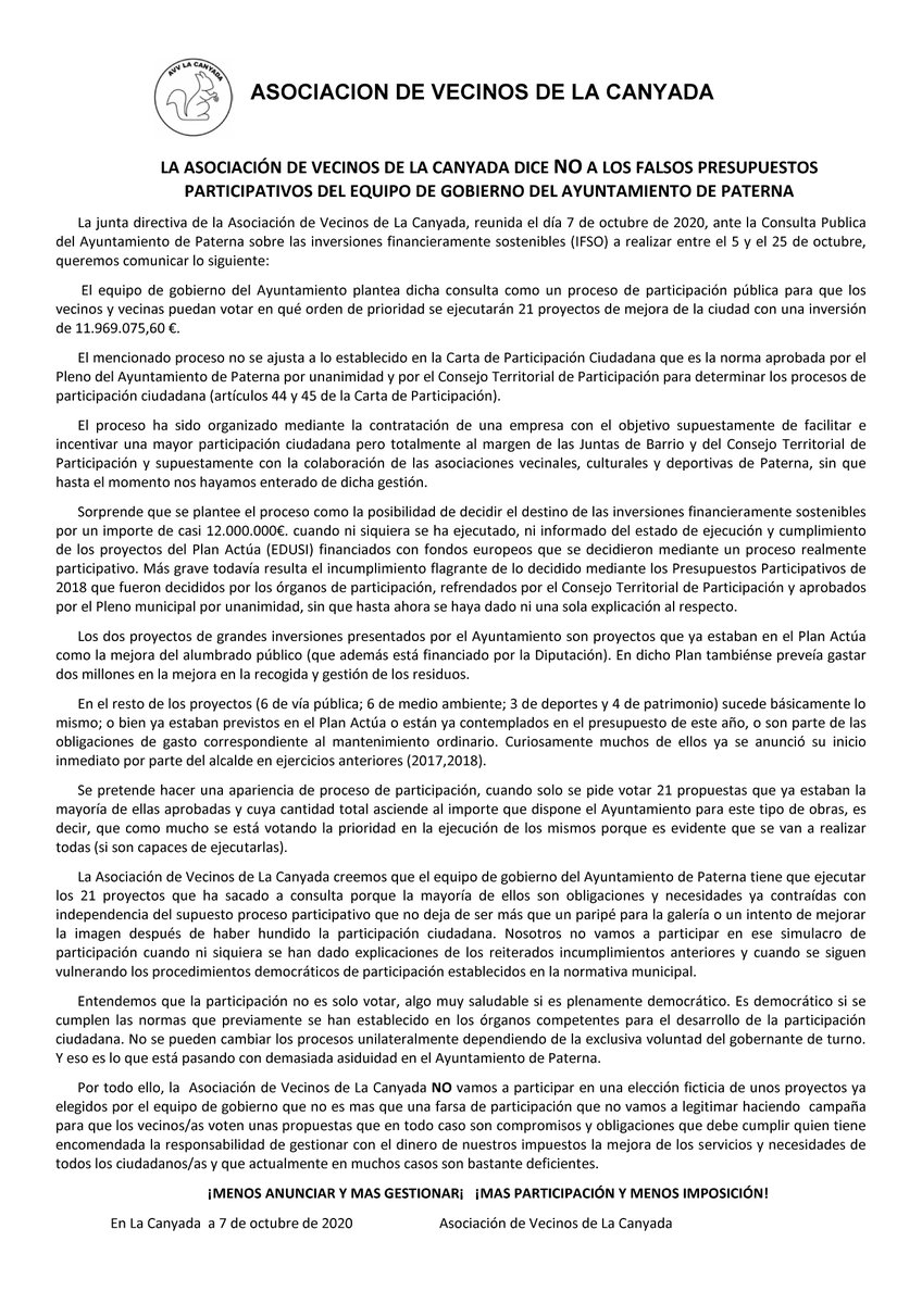 Desde la Junta Asociación de Vecinos con motivo de la convocatoria por parte del <a href="/AytoPaterna/">Ayuntamiento Paterna</a> de una Consulta Pública de Inversiones financieramente Sostenibles #consultapublicaIFSOpaterna 
Esta es nuestra postura adoptada: