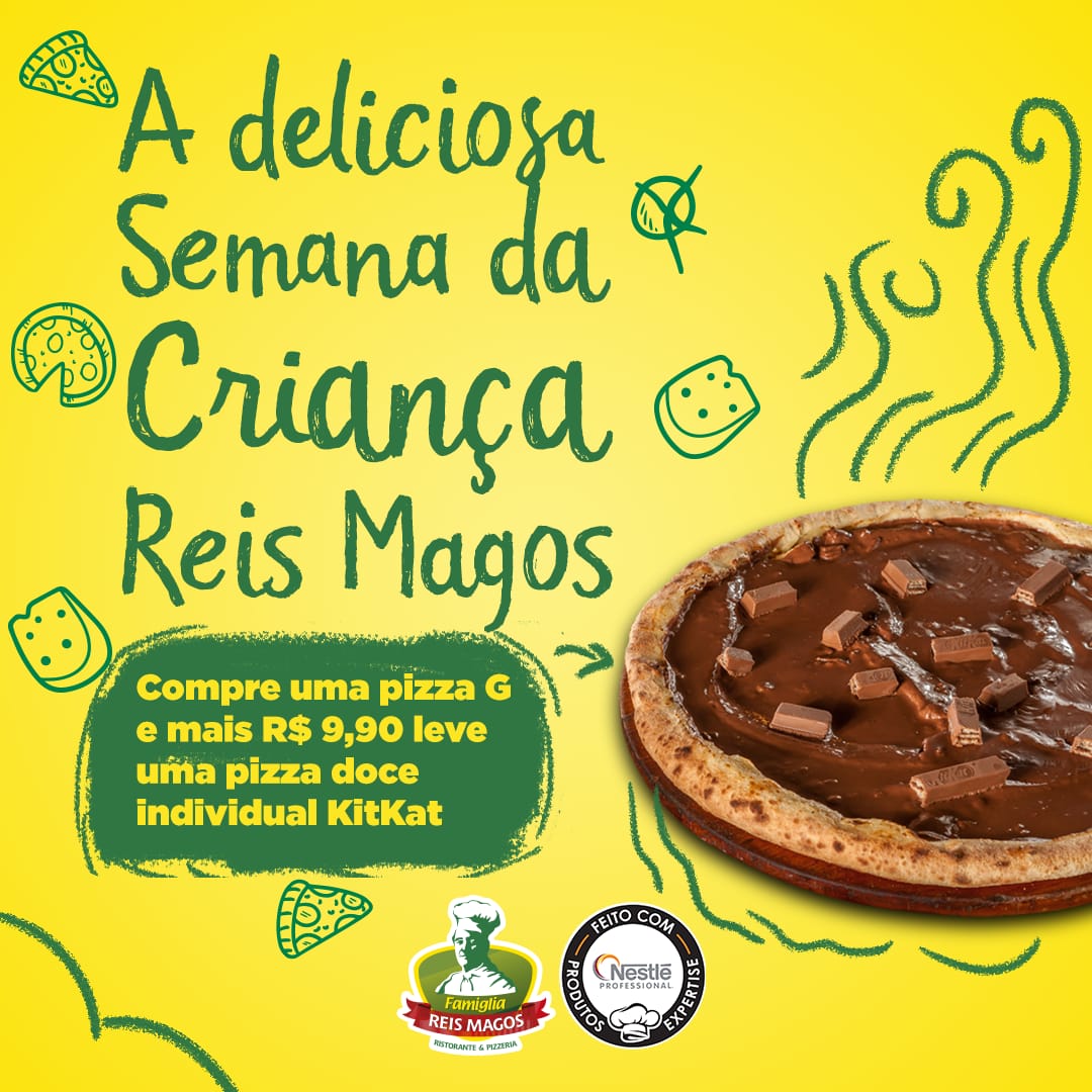 reis_magos's tweet photo. De 12 a 16 de outubro na compra de uma Pizza Grande mais R$ 9,90 você leva uma pizza doce individual de KitKat. Deixe a Semana da Criança ainda mais saborosa.
Promoção válida para pedidos realizados em nosso site.
https://t.co/FGpOjosnj2 https://t.co/rkQ3KiOW5V