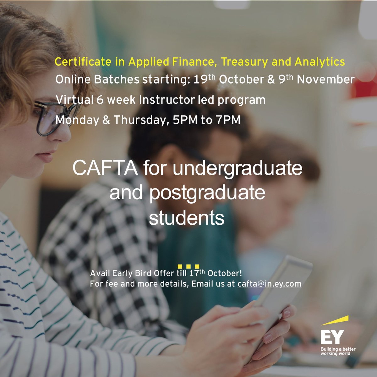 Ever heard of an upskill program that offers practical industry insights from subject matter experts, internship opportunities, networking opportunities, mentoring and much more altogether! If not, then check out EY's CAFTA!
#EY #EYCAFTA #finance #treasury #corporatefinance