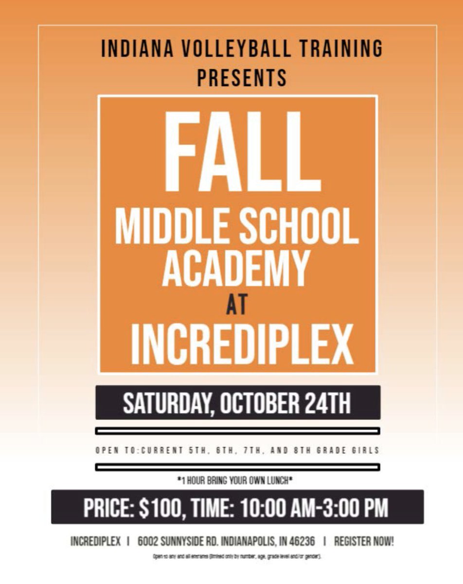 Join Indiana Volleyball Training <a href="/Incrediplex/">Incrediplex</a> October 24th! Our Fall Middle School Academy is open to current 5th-8th graders! Visit the link in our bio to register today! #indycamps #fall2020