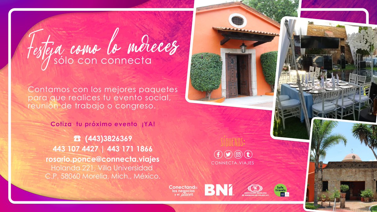ConnectaViajes's tweet photo. Vas a celebrar tu #EventoSocial , #Congreso, #Reunión, #Capacitación y no sabes donde 🤔en #Connecta tenemos los mejores espacios para que realices tus actividades, bajo los estándares de seguridad e higiene que tu evento requiere 👩🏽‍💻👨🏾‍🏫👰🏼 
Contacto
📲443 171 18660 📲 443 107 4427 https://t.co/uYq9Pee6nS