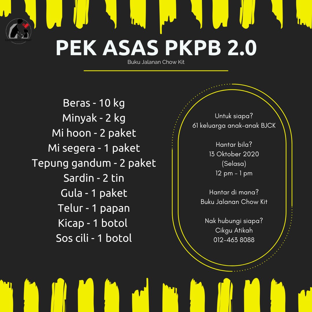 Pek Asas PKPB 2.0

Dua minggu. Tidak boleh bekerja. 300± perut perlu diisi. 61 keluarga tidak seharusnya berlapar. 

Kami perlukan semua barangan ini (rujuk poster). Semua barang akan diagihkan esok sebelum PKPB bermula 12.01 tengah malam. 

Bantu kami. Terima kasih!