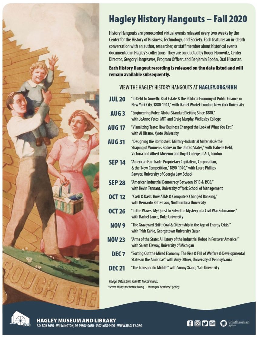TheHagleyCenter's tweet photo. Join us for a season of casual chats about cutting-edge research in #BizHist, #HistSTM, #STS, #EnvHist, #EconHist, #HistTech, #capitalism, #culture, &amp; much more!
Tune in to the #HagleyHistoryHangout w @RogerHorowitz, @bordergroves, &amp; @8bitnecktie. https://t.co/jdUG6bpNwn