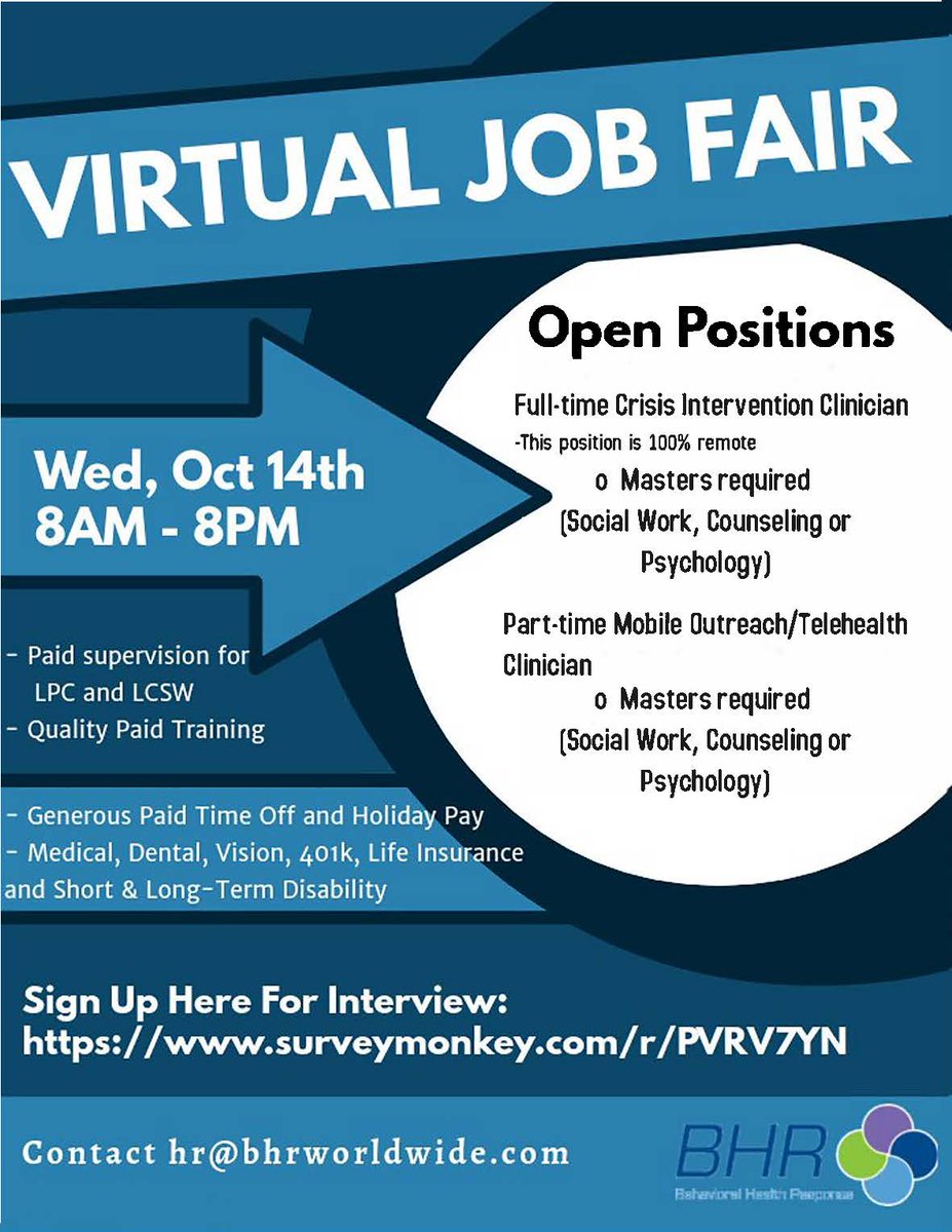 Spread the word: Our Virtual Job Fair is in 2 days! If you're passionate about #MentalHealth &amp; meet the necessary qualifications, schedule an interview today. We'd love to talk to you! To schedule your interview, go to: lnkd.in/e3jjgBH #WeAreHiring #SuicidePrevention