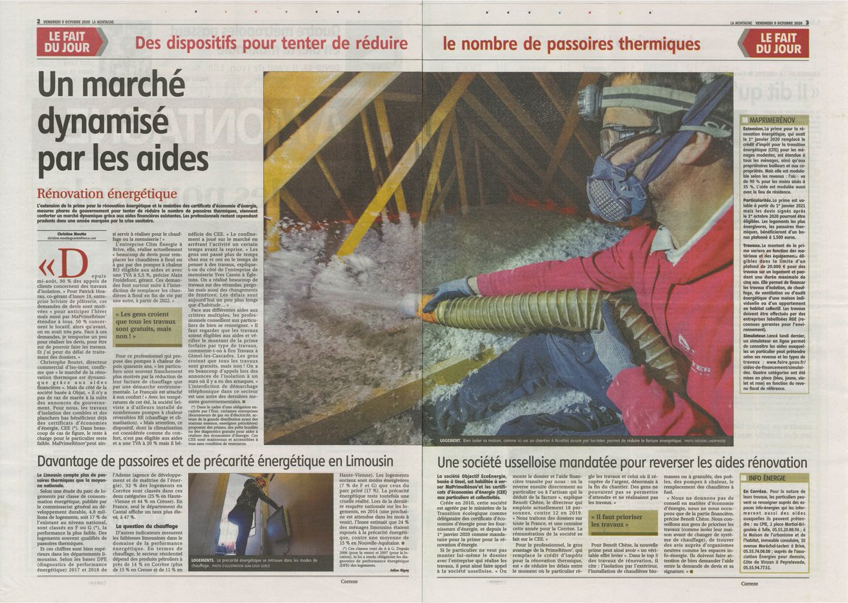 OEE_France's tweet photo. Article complet en double page, journal @lamontagne_fr vendredi 09/10 #rénovation #énergétique et les #aides #primes #CEE et #maprimerenov #isolation #précarité des ménages https://t.co/DeMK5r77Cr