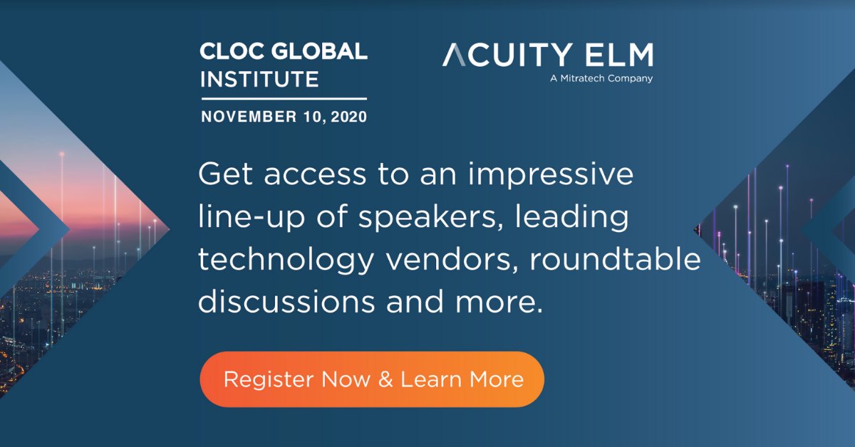AcuityELM's tweet photo. Register for the CLOC Global Institute and visit us in the exhibit hall along with 45 other legal tech and service providers. 

Don’t miss it. Register now: https://t.co/0cJltCPes1

#CLOCglobal2020 #TheBusinessOfLaw #SeizeTheFuture #LegalOps #LegalInnovation #LegalTech https://t.co/YpAe9mxVhv