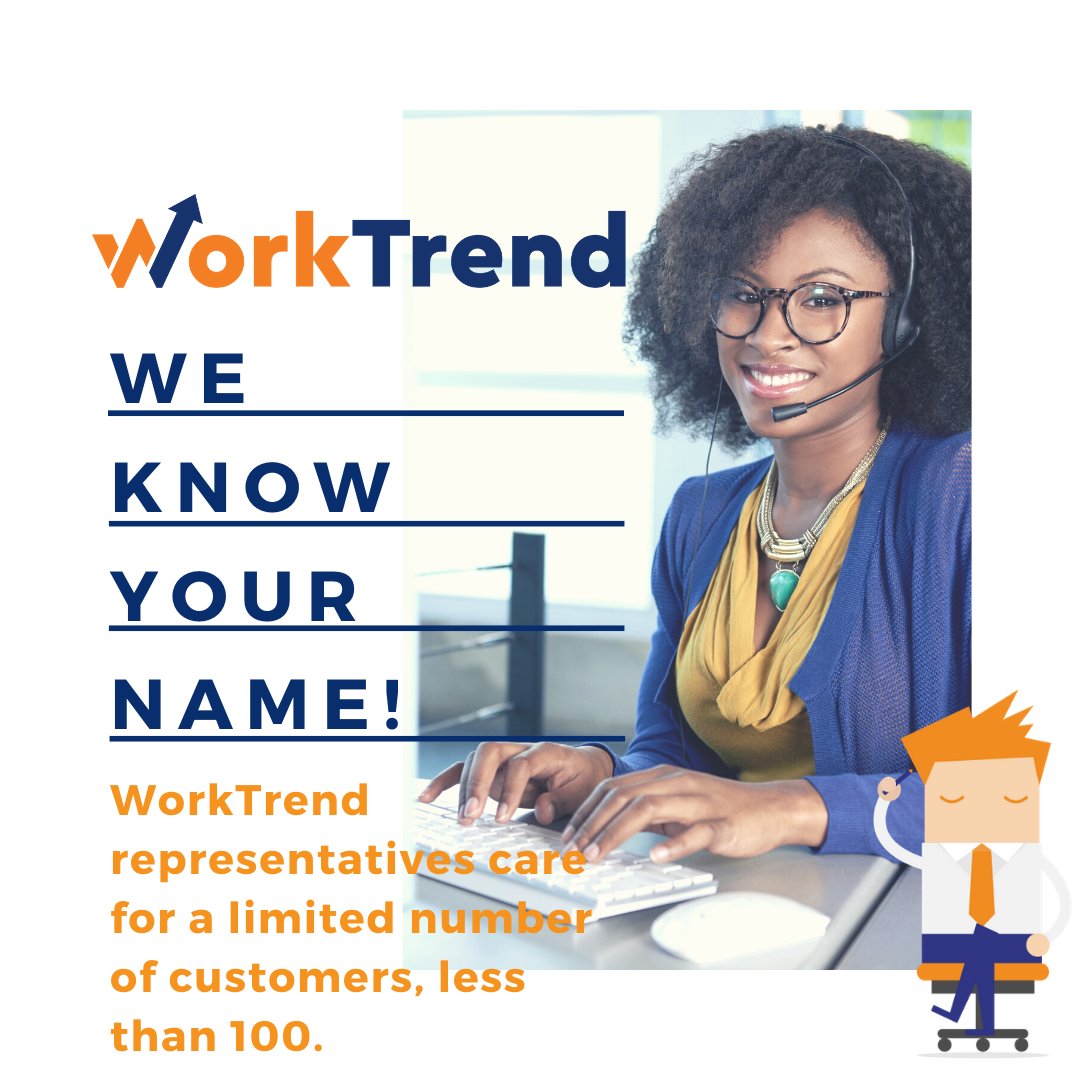 WorkTrendHCM's tweet image. Unlike most services who routinely assign 200 or even 400 accounts per service representative, WorkTrend representatives manage less than 100. This ensures a personal experience, every time! #WorkTrend #CustomerService #WorkforcePartner #WeCare #MondayMotivation