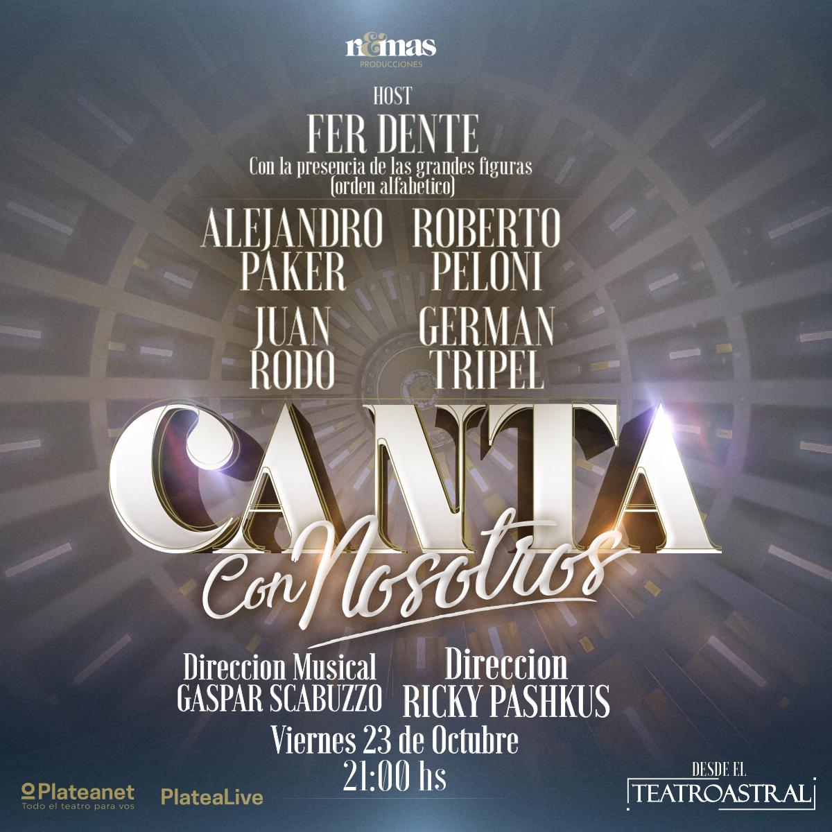 ⭐ Disfrutá un recital imperdible con <a href="/alepakerok/">Alejandro Paker</a>, <a href="/robertopeloniok/">Roberto Peloni</a>, <a href="/tripA_germAn/">GermanTripaTripel</a>, <a href="/JuanRodoOficial/">Juan Rodo</a>, y <a href="/FernandoDente/">F CRYPTO</a>, con dirección musical de Ricky <a href="/pashkus/">Ricky Pashkus</a> 
🔥 El viernes 23/10 a las 21hs en el escenario del Teatro Astral, por PlateaLive
⚡ Accesos en bit.ly/3nan3YJ