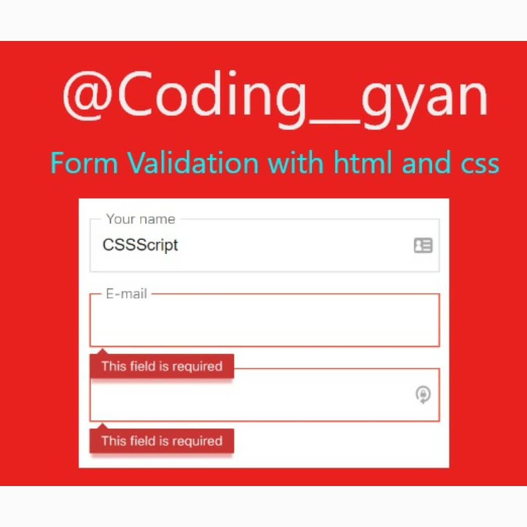 coding_gyan's tweet image. Form validation with html css
#htmlcoding #html_css #html5 #htmlcode #css #css3 #coding_gyan_ #informationtechnology #html #javascripts #javascriptdevelopers #javascripttutorial #htmltutorial #itstudent #programminglife #programmerprogramming
#javascript #javascriptlearning