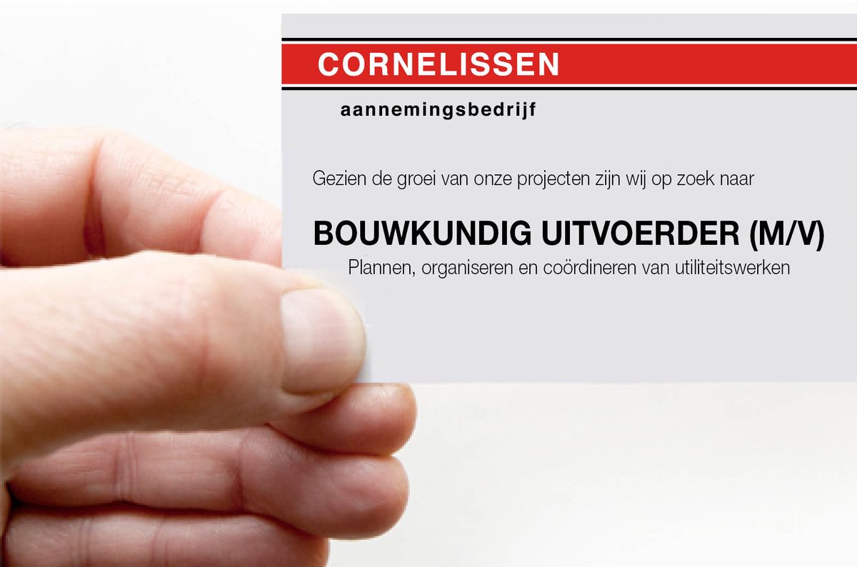Gezien de groei van onze projecten zijn wij op zoek naar:
#BOUWKUNDIG #UITVOERDER (M/V)
Plannen, organiseren en coördineren van utiliteitswerken

cornelissenbouw.nl/vacatures/