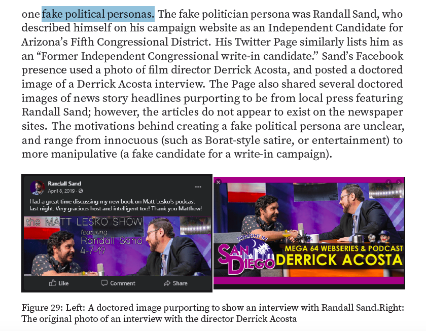 One jaw-dropping section was the discovery that a fake political persona was created & running in Arizona’s Fifth Congressional District. The operation wasn't fully formed and didn't realize much traction. Stanford suggested a number of possible motives.  #infoOps  #disinfo  #osint