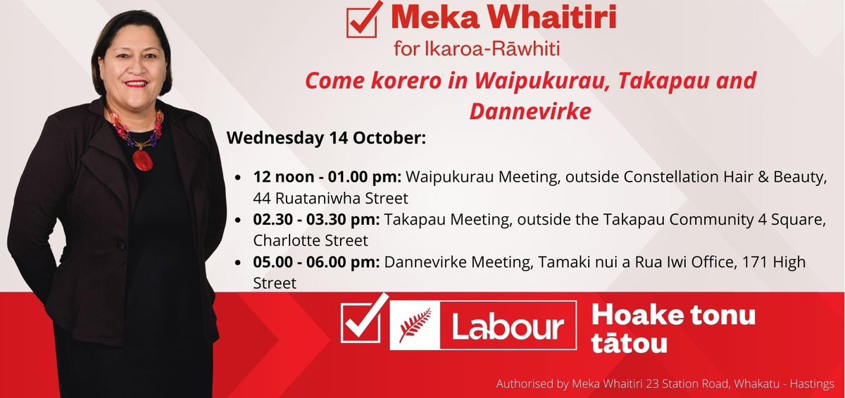 Naumai, Haeremai!! Come Kōrero with me this Wednesday in Waipukurau, Takapau and Dannevirke. I look forward to seeing you all there 👍 #hoaketonutātou #kotātoukoikaroarāwhiti