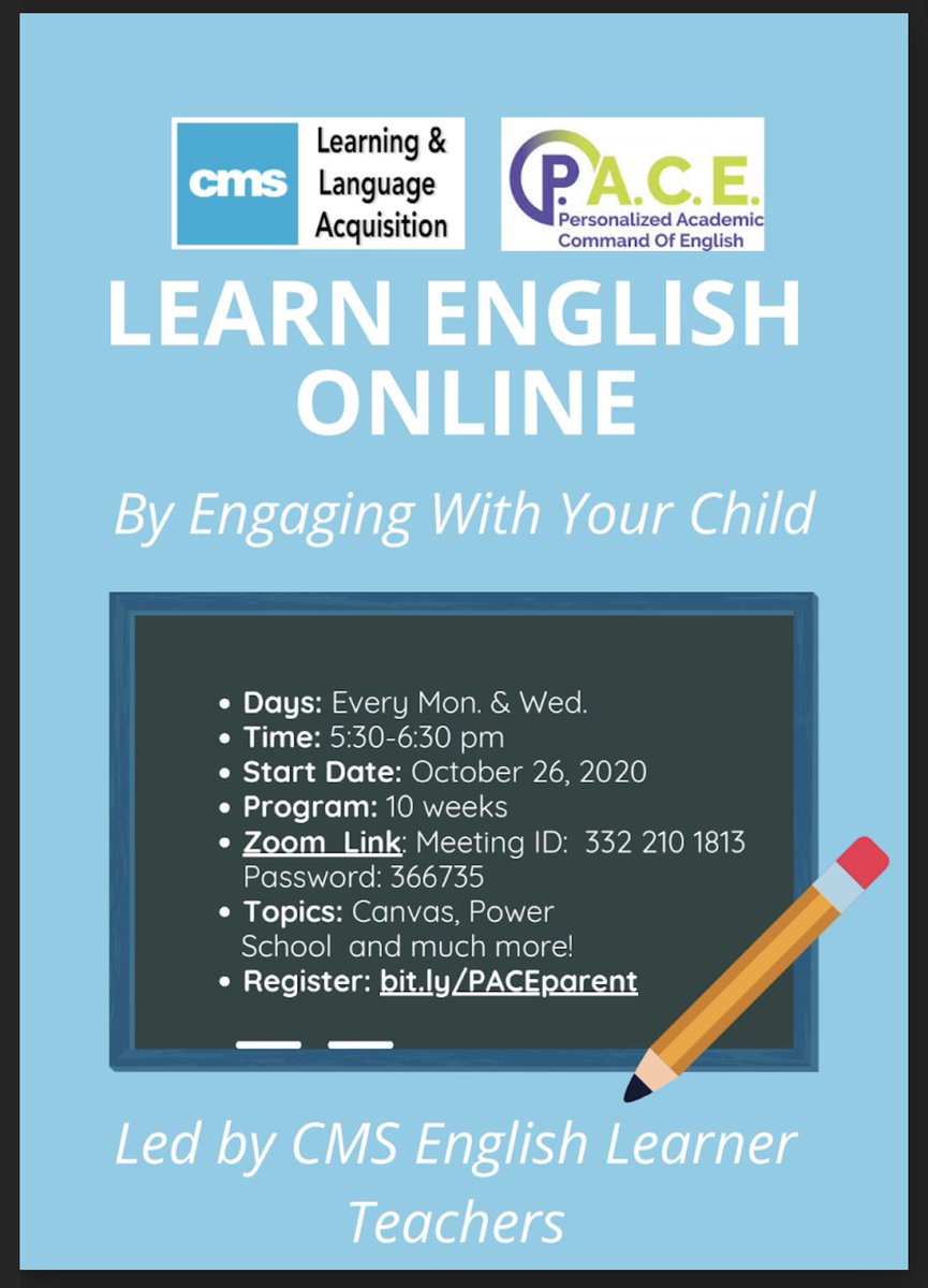 CMS_LLA's tweet photo. P.A.C.E. for Parents: We are providing an opportunity for parents to build English proficiency while engaging with their child’s education from the support of CMS English Learner teachers. Please see our flyer for more details! Sign up using this link: https://t.co/d5C68nWyxo https://t.co/resiJ7Fhpk