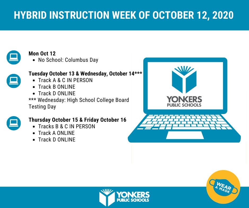#HybridInstruction This Week
Tue 10-13 & Wed 10-14**
✔️Tracks A & C IN PERSON
✔️Track B ONLINE
✔️Track D ONLINE
** Wed 10-14: High School
College Board Testing Day

Thu 10-15 & Fri 10-16
✔️Tracks B & C IN PERSON
✔️Track A ONLINE
✔️Track D ONLINE