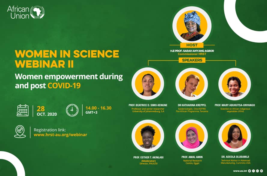 PAULESI_AU's tweet photo. WOMEN IN SCIENCE WEBINAR II
Theme: "Women empowerment during and post #COVID19"
Date: 28 OCTOBER 2020
Time: 14.00 - 16.00 GMT+3
Registration link: https://t.co/ehcdumXfYQ
#WomenInScience
#WomenInSTEM
#PAULESI
#PAU
#AU https://t.co/yyoJDKcn8P