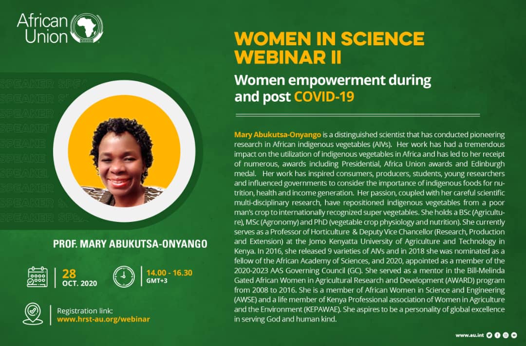 PAULESI_AU's tweet photo. WOMEN IN SCIENCE WEBINAR II
Theme: "Women empowerment during and post #COVID19"
Date: 28 OCTOBER 2020
Time: 14.00 - 16.00 GMT+3
Registration link: https://t.co/ehcdumXfYQ
#WomenInScience
#WomenInSTEM
#PAULESI
#PAU
#AU https://t.co/yyoJDKcn8P