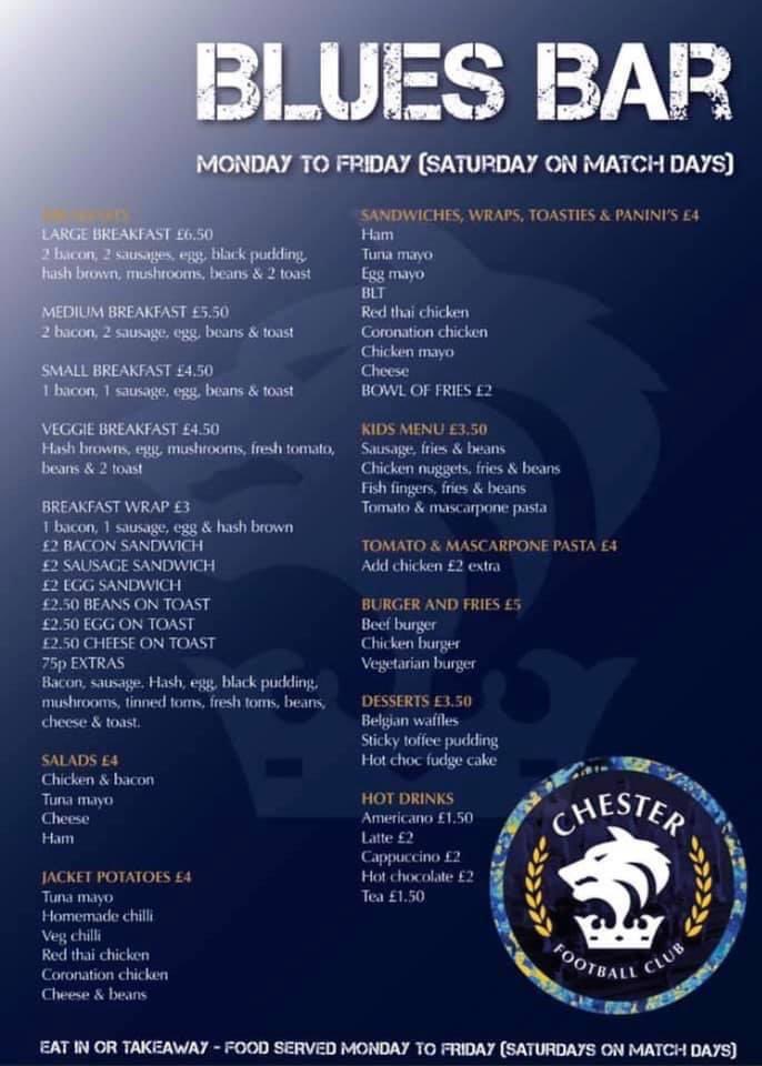 The new Blues Bar cafe at <a href="/ChesterFC/">Chester FC</a> opens tomorrow and will be open 9am to 2pm this week. Eat in or takeaway available.

Come down and support this new venture.
