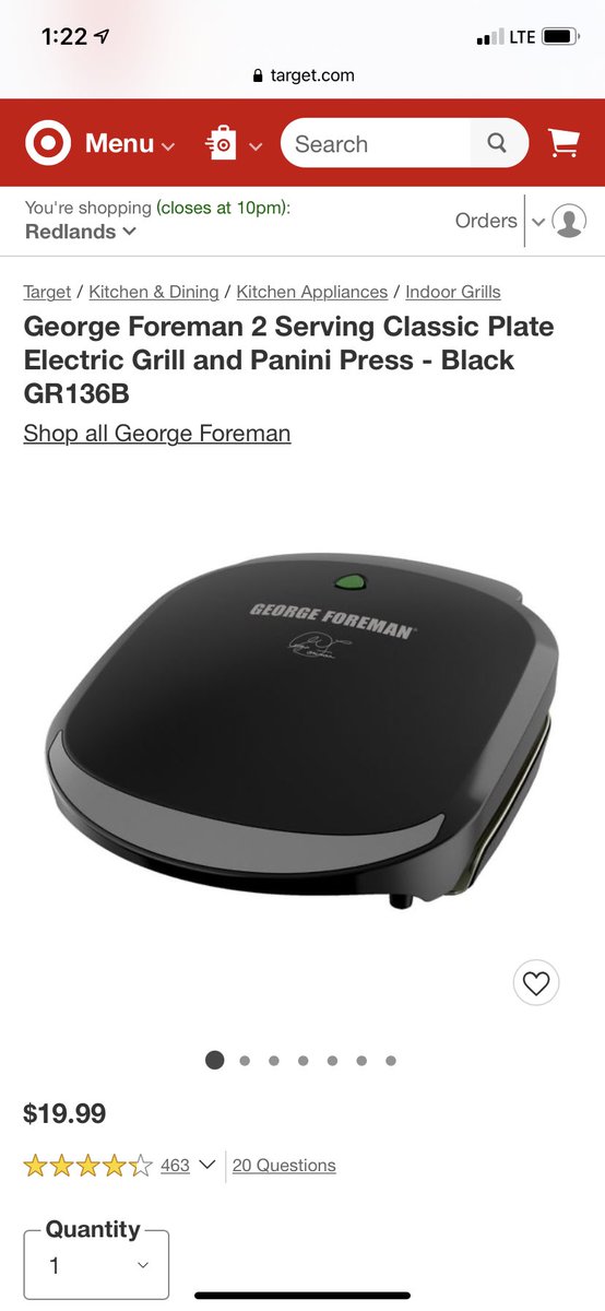 George Foreman 2-Serving Classic Plate Electric Grill and Panini Press,  Black, GR136B