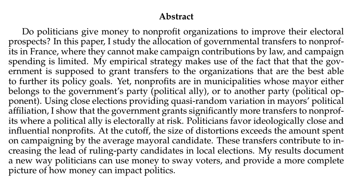 Camille UrvoyJMP: "Political Profit from Nonprofits: Evidence from Governmental Transfers"Website:  https://sites.google.com/view/camille-urvoy/home