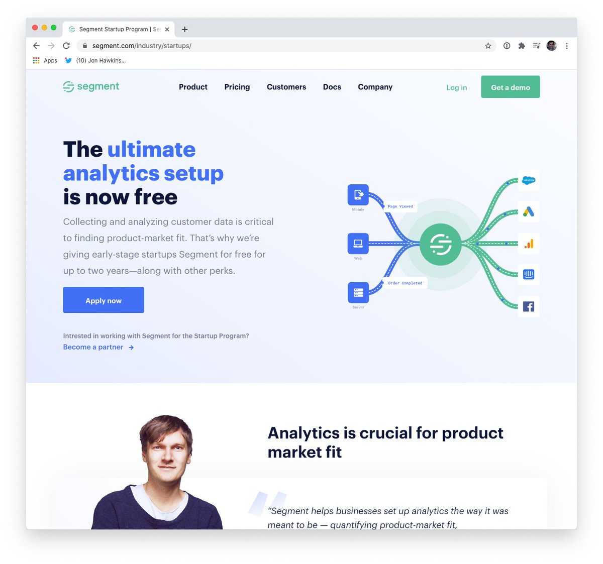 2019: we launch our startup program: free Segment, free analytics+messaging stack, and YC growth bootcamps; this program has since provided analytics stacks to 10,000+ startups for free :)