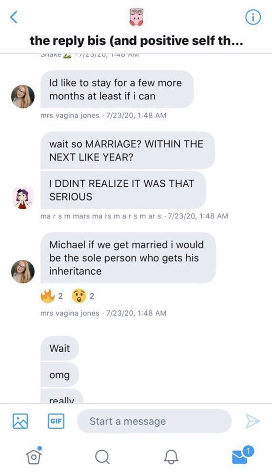 July 23, the following screenshots from the DM group, the reply bis, where BH discusses the possibility of a sexual relationship and reveals "if we get married i would be the sole person who gets his inheritance"