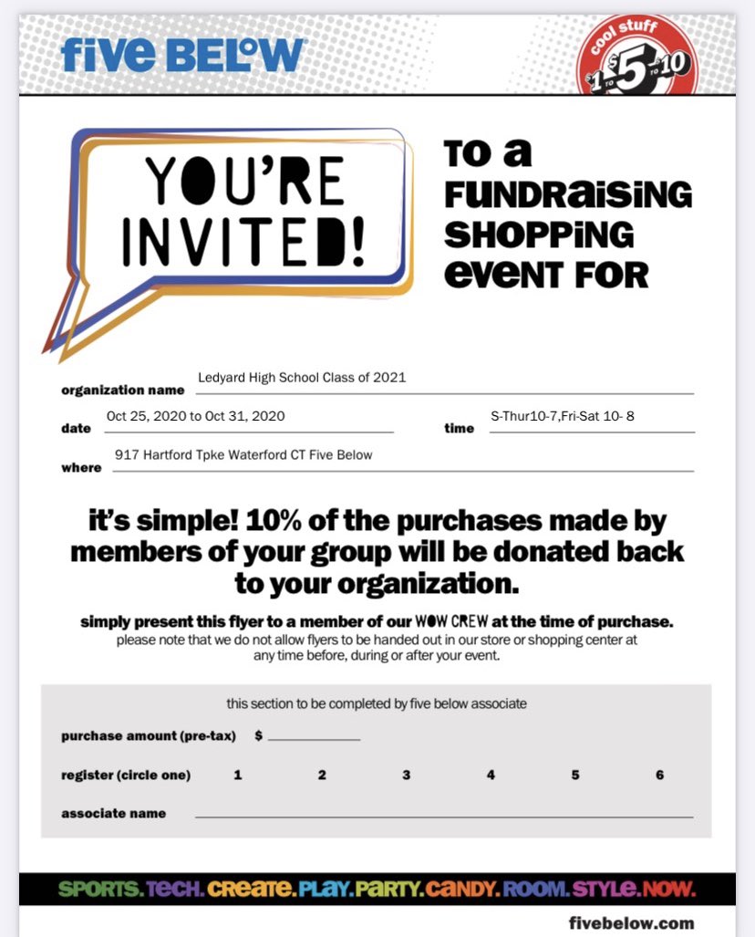 Ledyard2021's tweet photo. SENIORS!! October 25-31 our class is having a fundraiser at five below! Show this flyer at checkout to make sure 10% of the profits will go to our class! https://t.co/NPhBRzbs5F