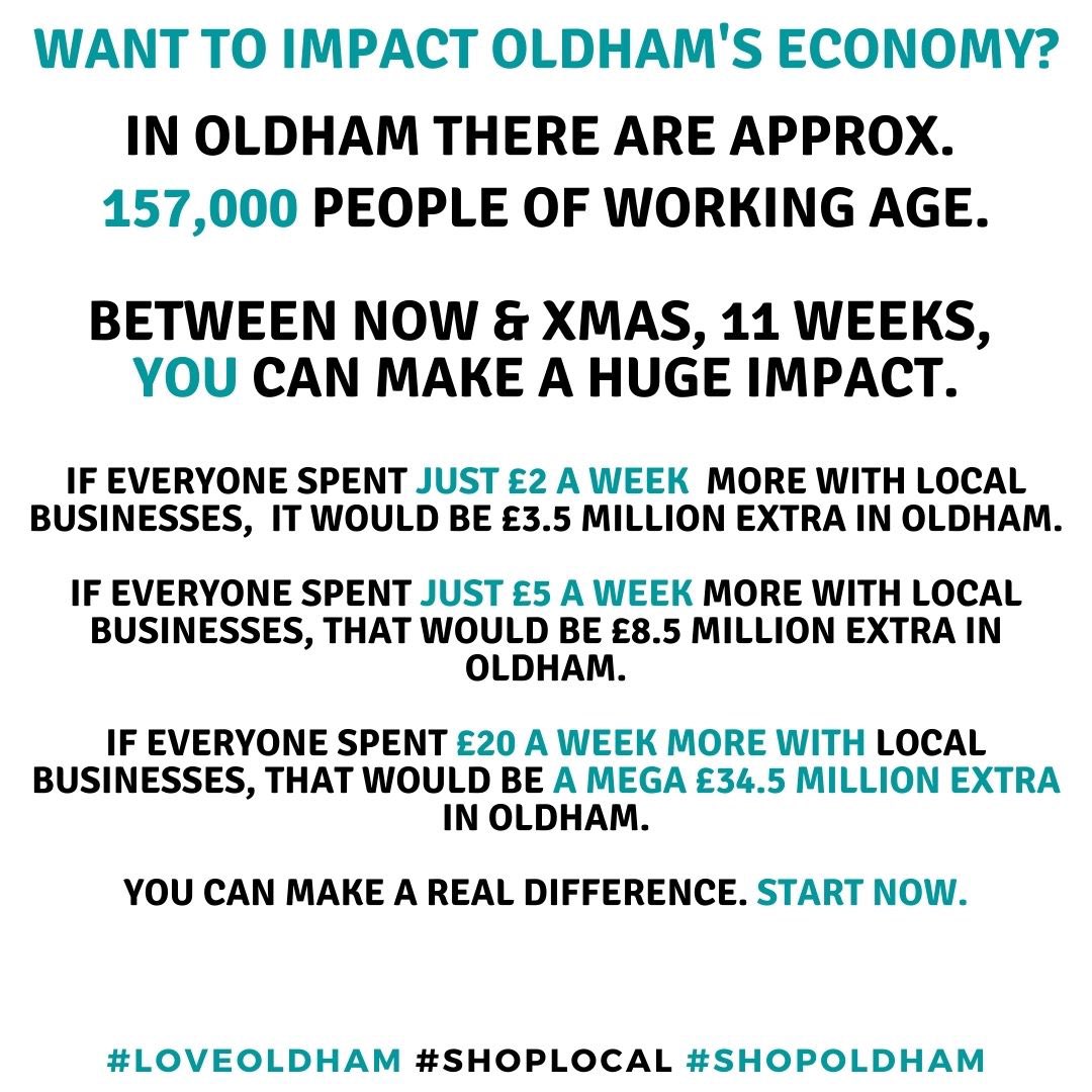 This is how easy it is for us to positively impact Oldham’s economy, in the 11 weeks to Christmas.

Pls like, more importantly share &amp; spread the word for Oldham.

<a href="/JimfromOldham/">Jim McMahon OBE MP</a> <a href="/whittakerdesig1/">WHITTAKER DESIGN</a> @cllrsfielding <a href="/muzahidukhan/">Muzahid Khan MBE DL</a> <a href="/Liamfoxactor/">Liam Fox 🦋</a> @jolliehaybowes @CWilkinsOldham