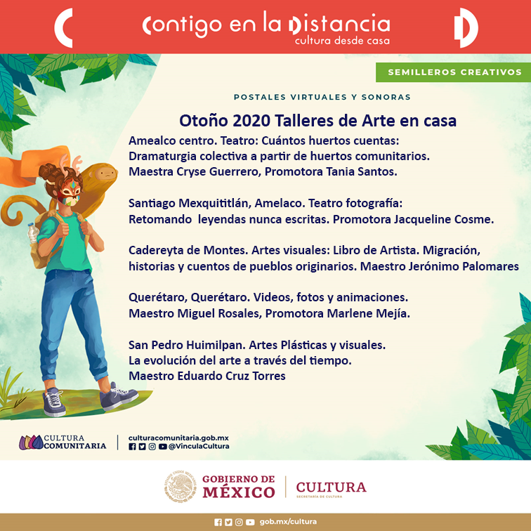 SemillerosQ's tweet photo. Maestros, maestras y promotoras de los Semilleros Creativos de Querétaro, acompañan la producción de arte de niños niñas y jóvenes, por ejemplo, eligen  leyendas, e historias, con su voz le dan vida a estas tradiciones orales. #CulturaComunitaria #Contigoenladistancia https://t.co/YvFv59rPc1