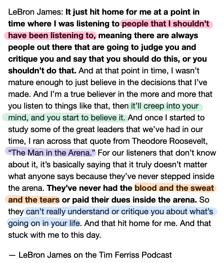 david_perell's tweet photo. LeBron James writes "Man in the Arena" on his shoes before every game.

The saying comes form Theodore Roosevelt. Here's the original quote and what LeBron James said about its influence on him. https://t.co/oWyktCOIj1