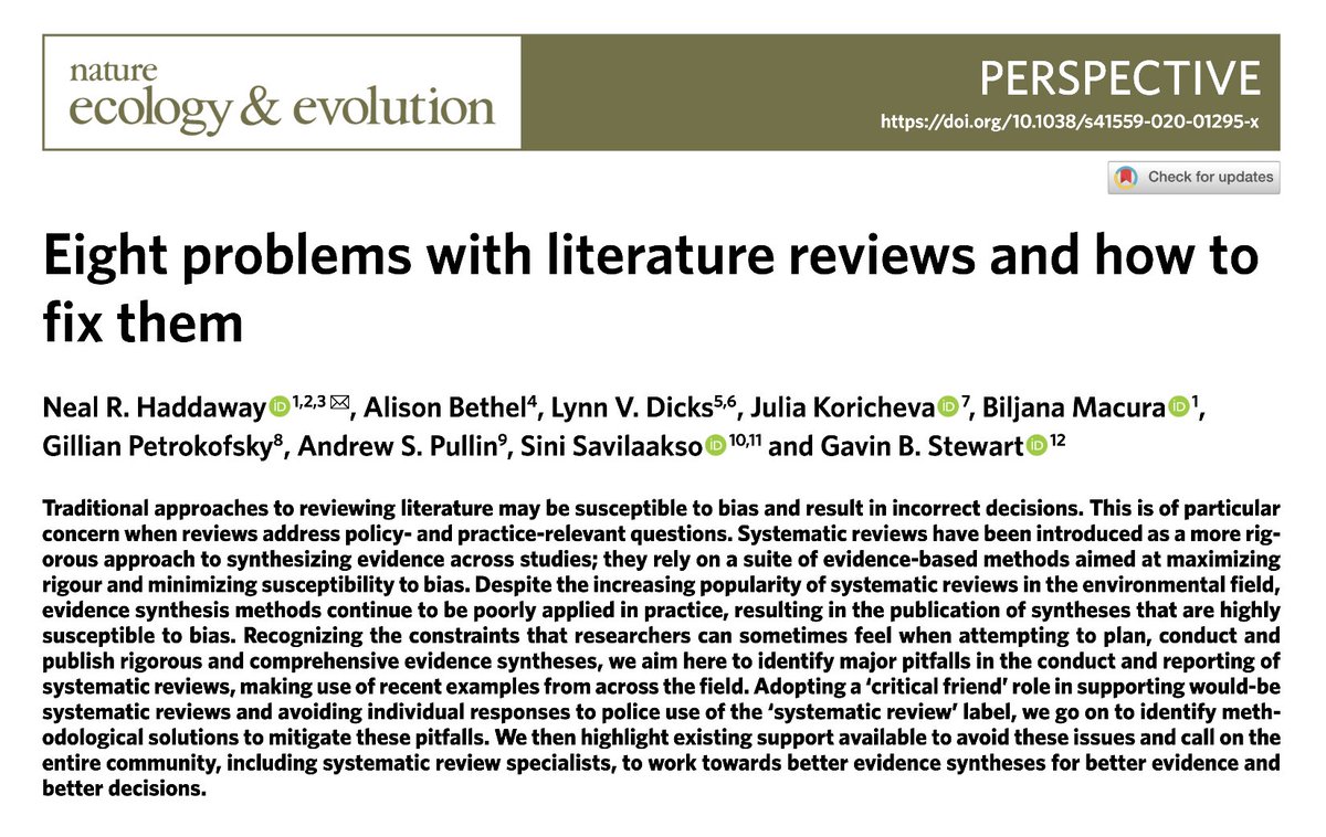 In this paper in  @NatureEcoEvo we outline 8 major problems that can occur with traditional ways of reviewing the literature, and provide concrete advice on how to avoid them:  https://rdcu.be/b8pp0 This thread outlines our key points! (1/23) #EvidenceSynthesis  #SystematicReview
