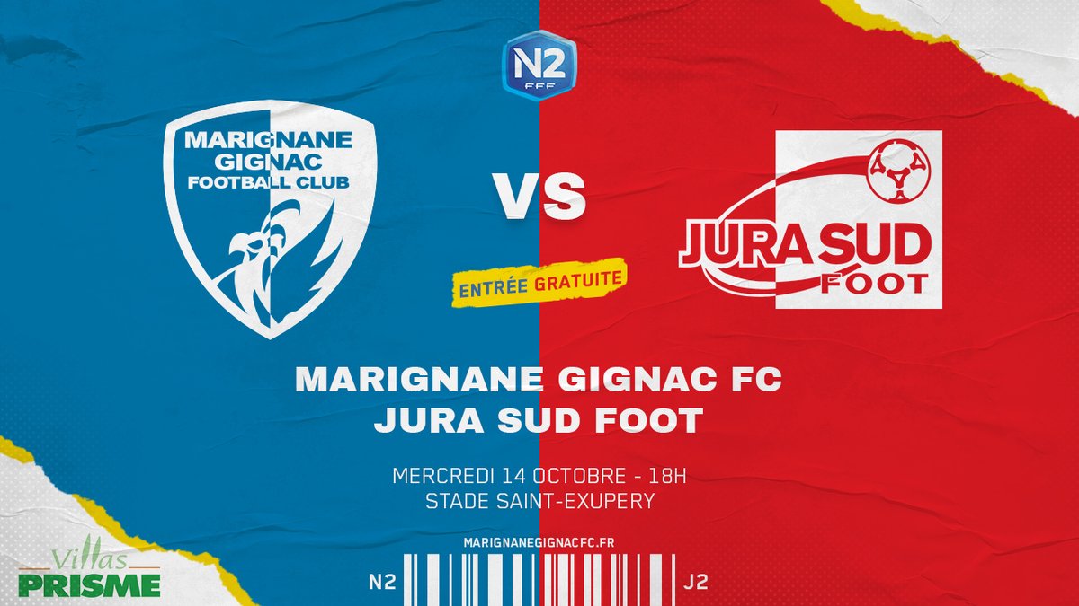 🏆#National2 - Journée 2 : VS <a href="/JuraSudFoot/">Jura Sud Foot</a> 
📅Mercredi 14 Octobre à 18H
🏟️Stade Saint-Exupéry (entrée gratuite) 
🚨Buvette ouverte / Port du masque obligatoire