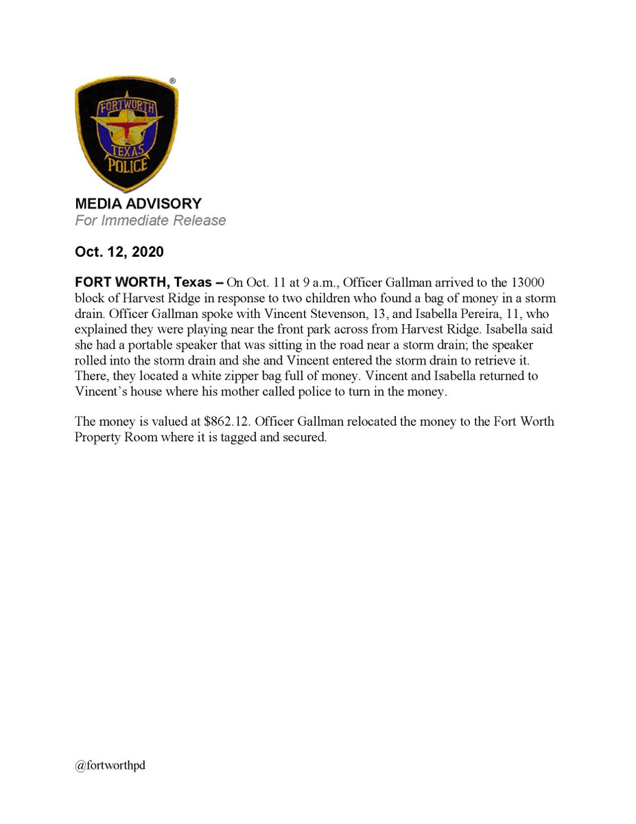 fortworthpd's tweet image. #FortWorth youth setting an example &amp;amp; doing the right thing! 
 
Vincent, 13, &amp;amp; Isabella, 11, find over $850 in a storm drain, call &amp;amp; hand over the $ to police. 

We applaud them for their actions!

#SettingAnExample