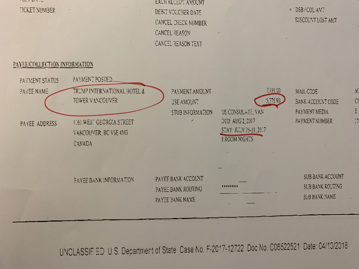 In CANADA that day, agents were arriving at  @realdonaldtrump’s Vancouver hotel, preparing for a visit by  @DonaldJTrumpJr. The Trump hotel would charge the Secret Service $5,775 (in US dollars) for their rooms.