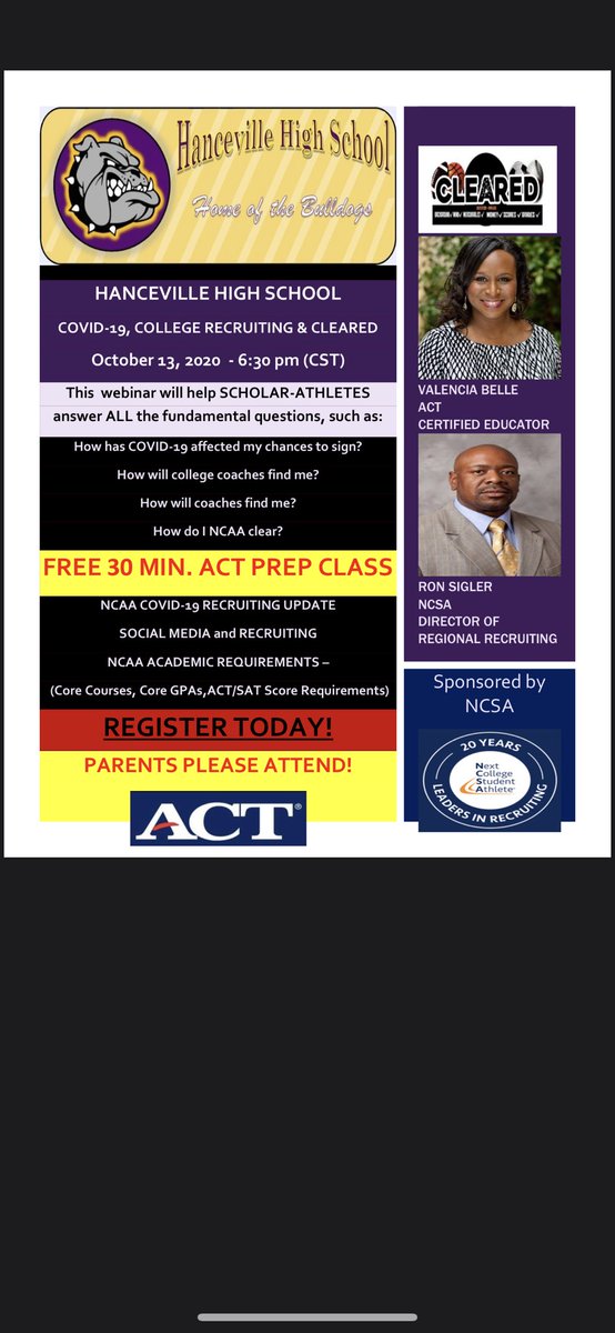 ALL HANCEVILLE ATHLETES ⚾️🏈🏀🤼‍♂️👟⚽️🏐🥎JOIN US TUES 10/13 6:30 🚨LEARN HOW TO GET RECRUITED DURING COVID-19 &amp; FREE ACT PREP🚨<a href="/hvillebball/">HancevilleBasketball</a> <a href="/coachbellmon/">Tim Bellmon</a> <a href="/CCBOEAL/">Cullman County Schools</a> <a href="/HancevilleHS/">Hanceville High School</a> <a href="/HancevilleBull1/">Hanceville Bulldogs</a> @hmsbulldog @schoolsprograms <a href="/ncsa/">NCSA College Recruiting</a>events @ncsa✅TO REG: bit.ly/2Fc6cnm