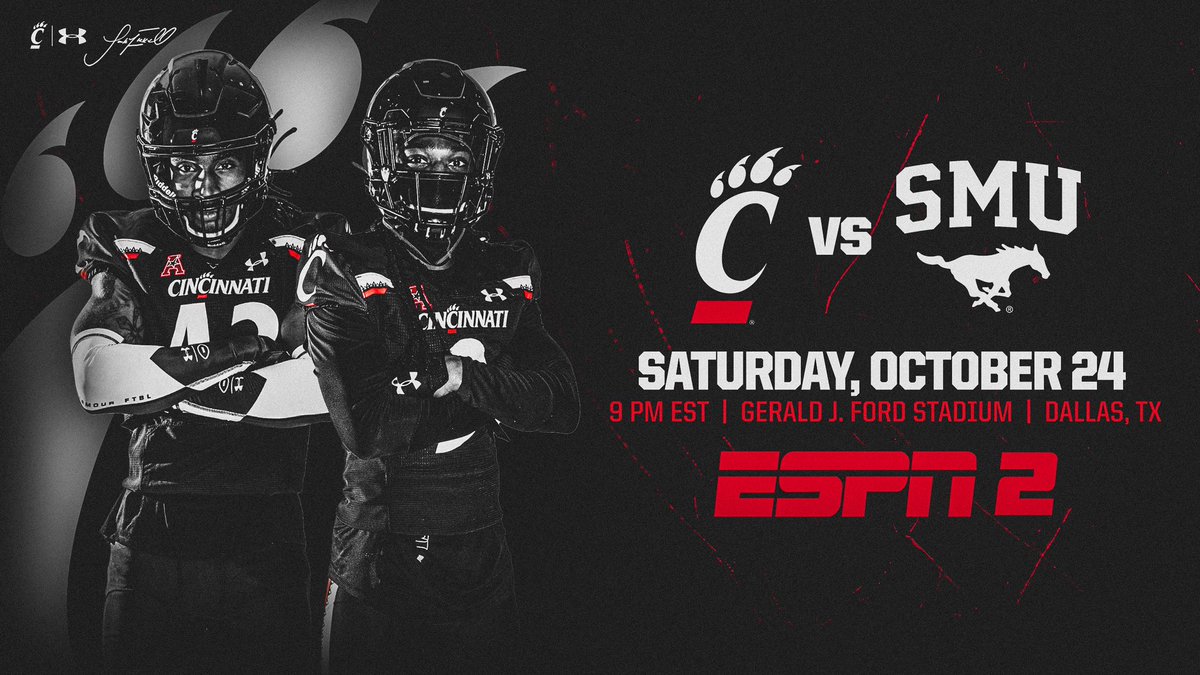 GoBearcatsFB's tweet photo. 🚨 SCHEDULE UPDATE 🚨

The #Bearcats game at SMU on Saturday, October 24th, will air on ESPN2 at 9PM. https://t.co/yvVmhvot7q