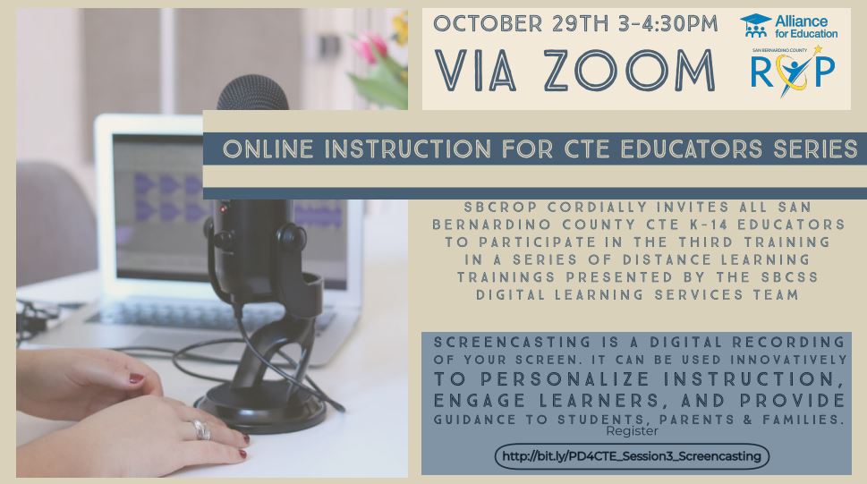 San Bernardino & Riverside County #CTE Educators Join us on October 29 to learn innovative ways to #IncreaseEngagement #PersonalizeLearning & make content #accessible for all students with #Screencasting bit.ly/PD4CTE_Session… @SBC_Alliance @FontanaUnified @ChinoValleyUSD